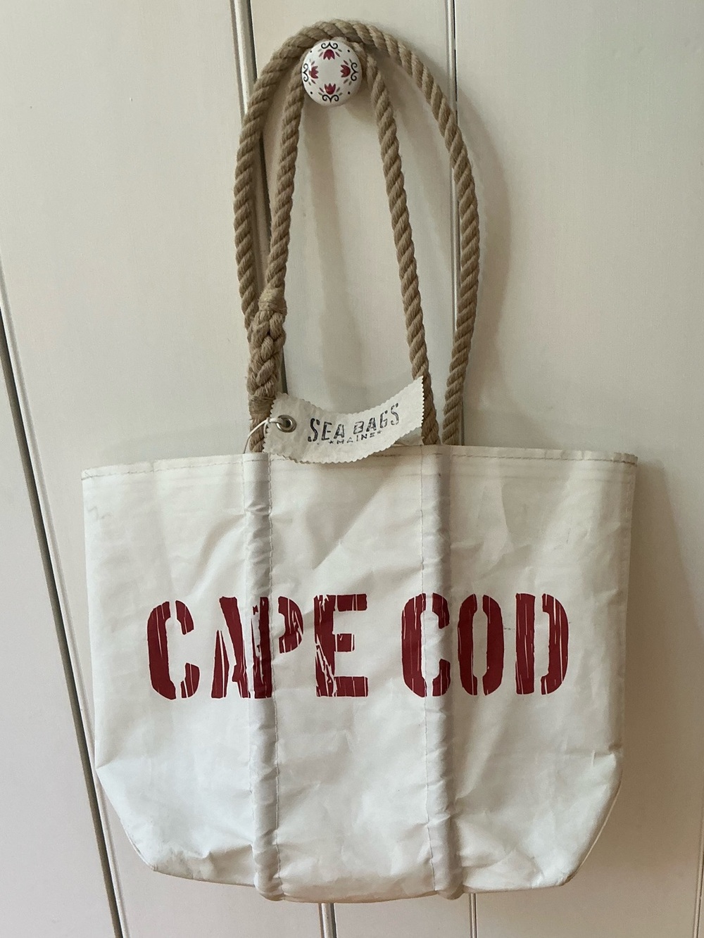 Sea Bags Cape Cod Large Sailcloth Tote Bag Cream Red Rope Handles